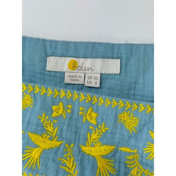 Boden Women's Bernadette Embroidered Blue Cotton Tunic Dress Yellow Trim Size 6 - Picture 4 of 10